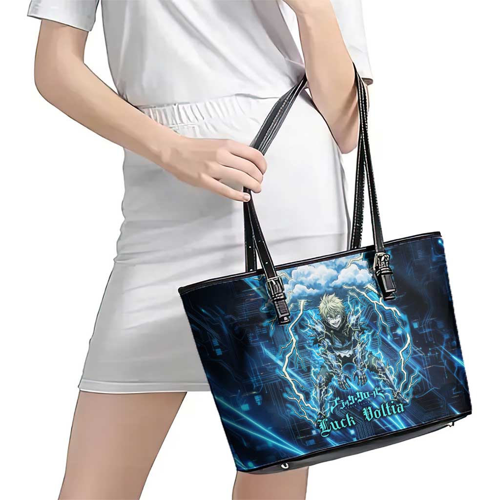 Luck Voltia Black Clover Leather Tote Bag Tech Lightning Anime Style with Electric Circuit Background