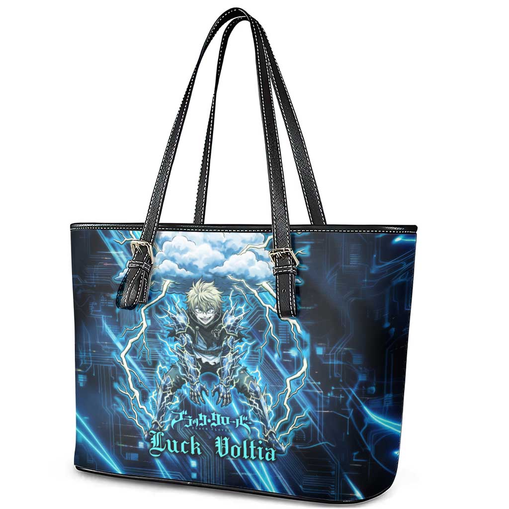 Luck Voltia Black Clover Leather Tote Bag Tech Lightning Anime Style with Electric Circuit Background