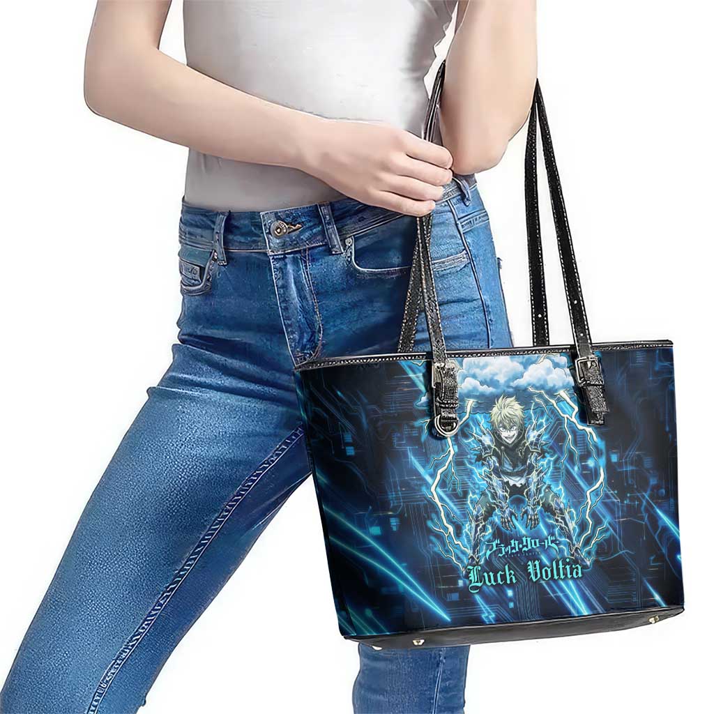 Luck Voltia Black Clover Leather Tote Bag Tech Lightning Anime Style with Electric Circuit Background