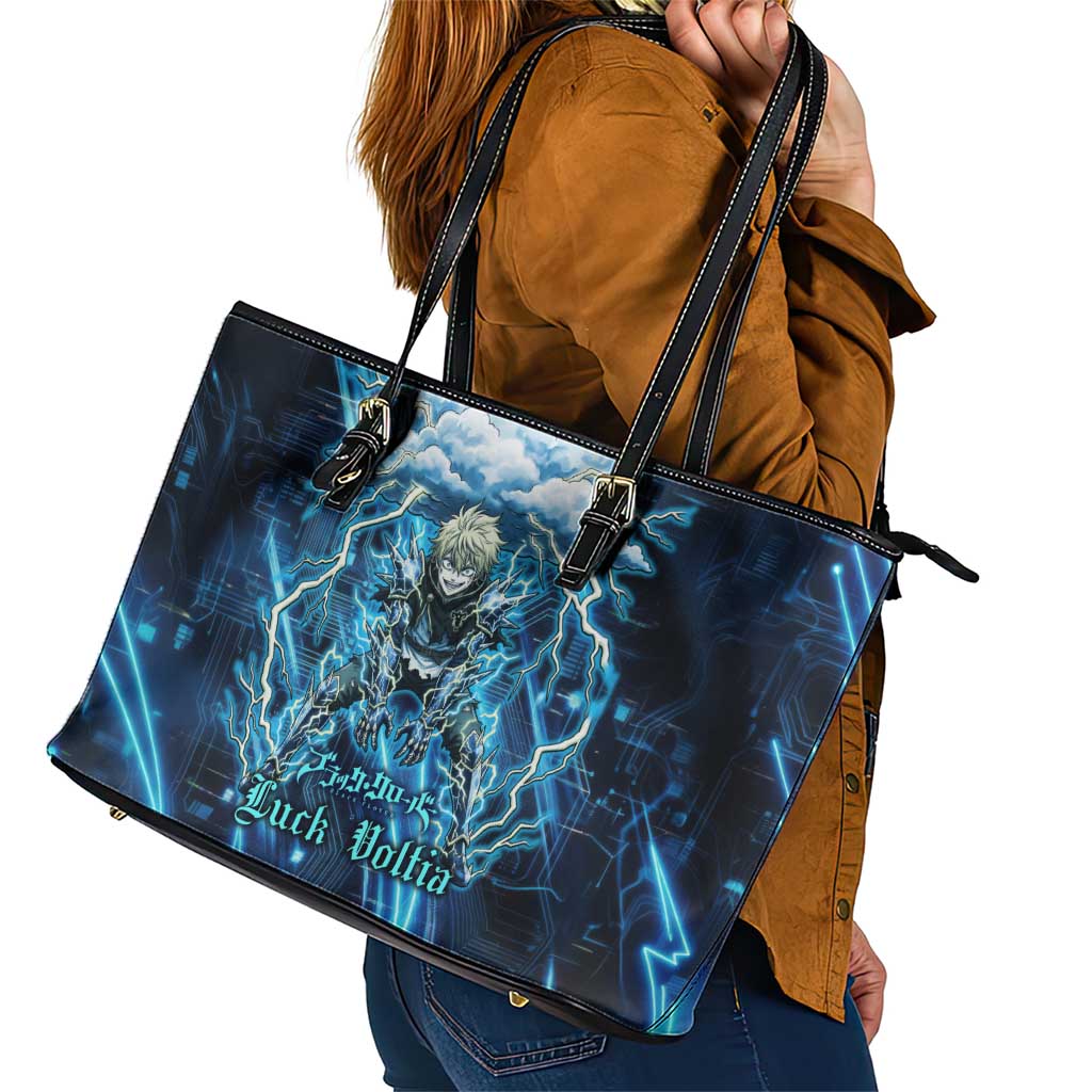 Luck Voltia Black Clover Leather Tote Bag Tech Lightning Anime Style with Electric Circuit Background