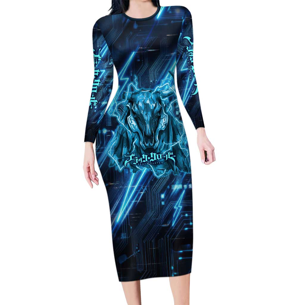 Luck Voltia Black Clover Long Sleeve Bodycon Dress Tech Lightning Anime Style with Electric Circuit Background