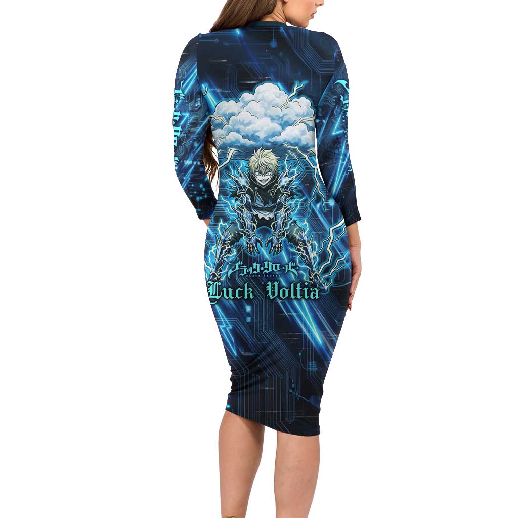 Luck Voltia Black Clover Long Sleeve Bodycon Dress Tech Lightning Anime Style with Electric Circuit Background