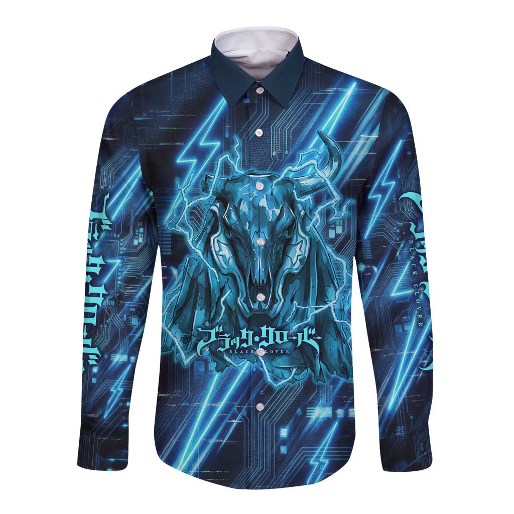 Luck Voltia Black Clover Long Sleeve Button Shirt Tech Lightning Anime Style with Electric Circuit Background