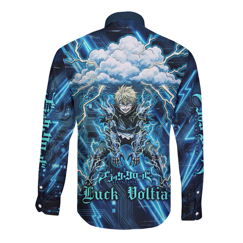 Luck Voltia Black Clover Long Sleeve Button Shirt Tech Lightning Anime Style with Electric Circuit Background