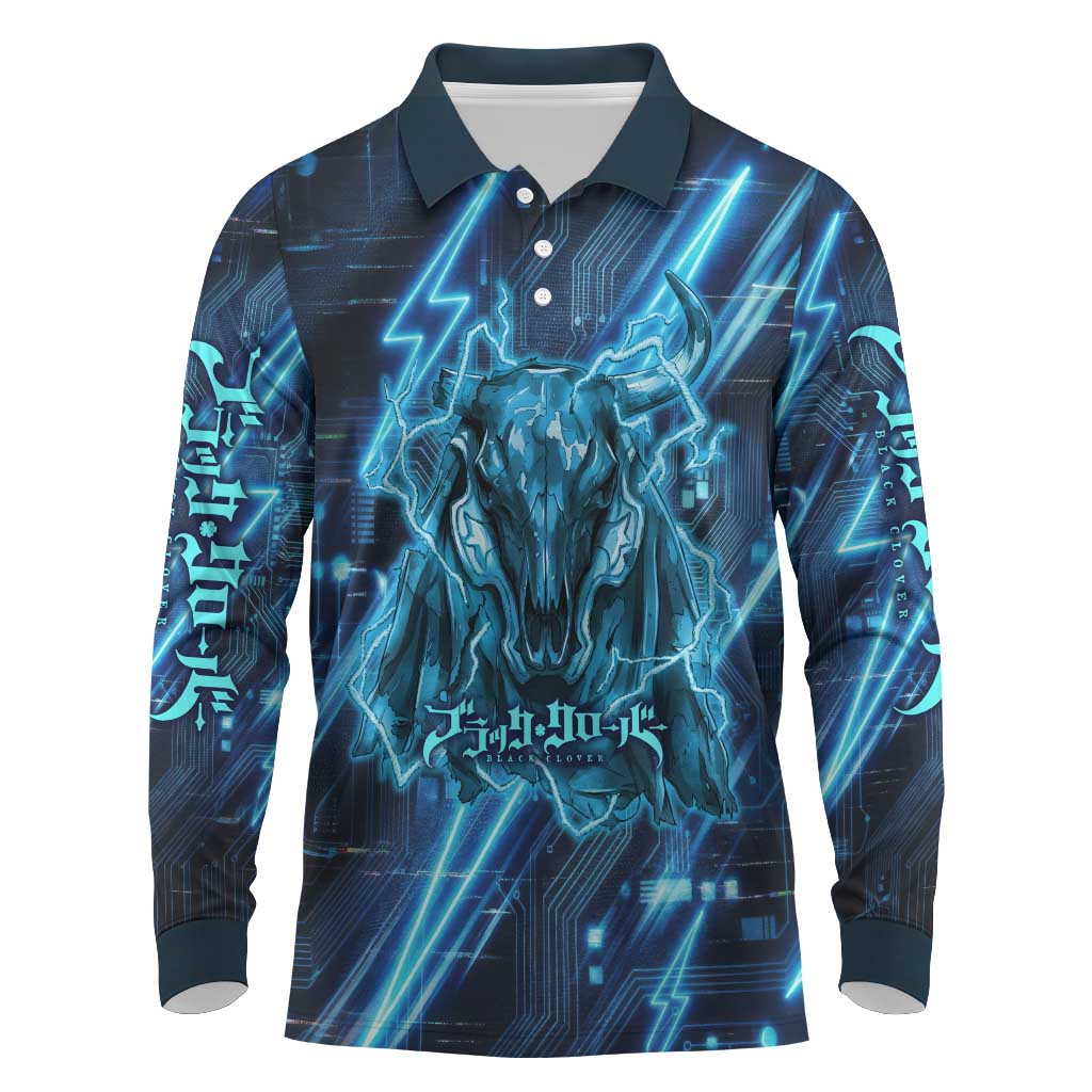 Luck Voltia Black Clover Long Sleeve Polo Shirt Tech Lightning Anime Style with Electric Circuit Background