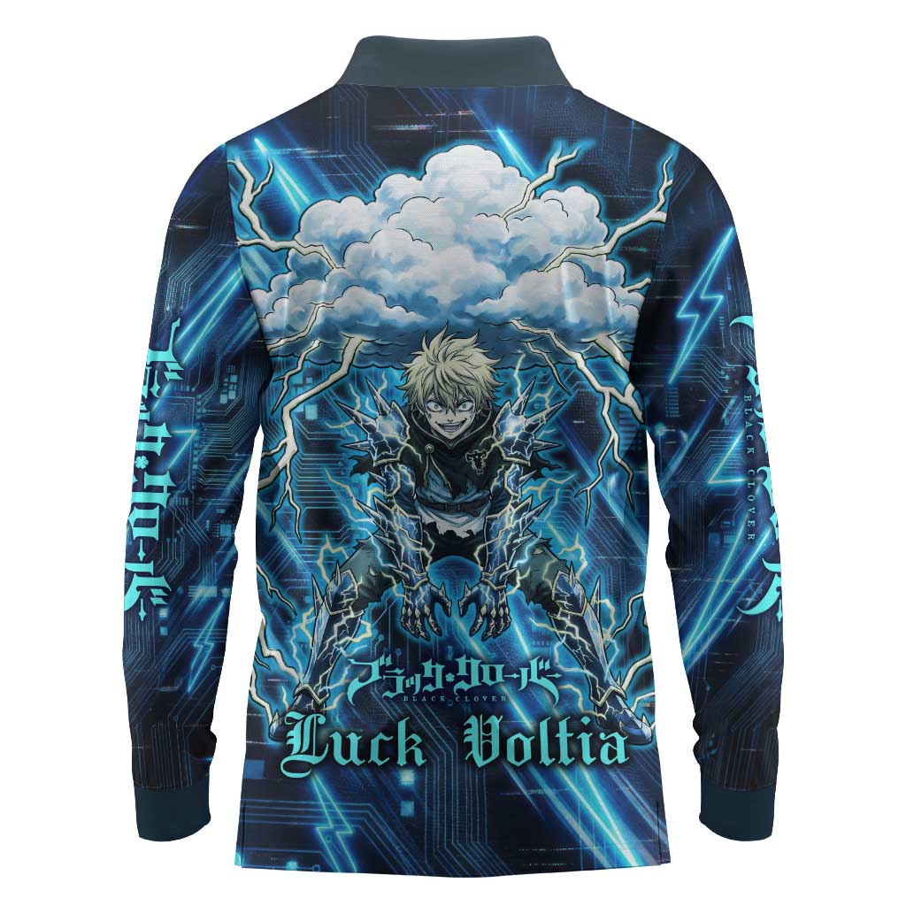 Luck Voltia Black Clover Long Sleeve Polo Shirt Tech Lightning Anime Style with Electric Circuit Background