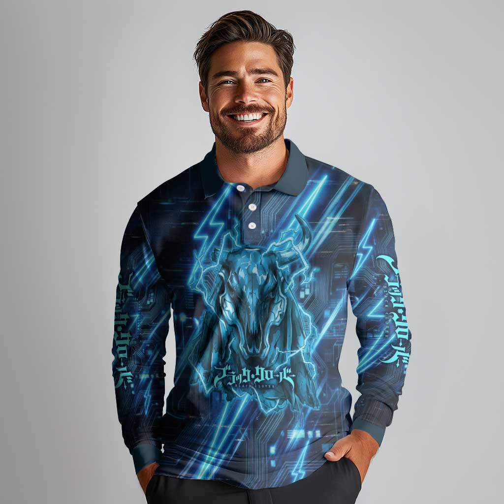Luck Voltia Black Clover Long Sleeve Polo Shirt Tech Lightning Anime Style with Electric Circuit Background
