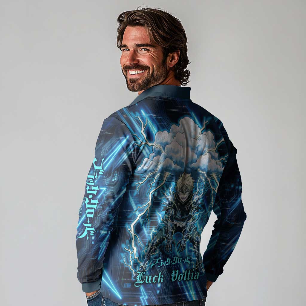 Luck Voltia Black Clover Long Sleeve Polo Shirt Tech Lightning Anime Style with Electric Circuit Background