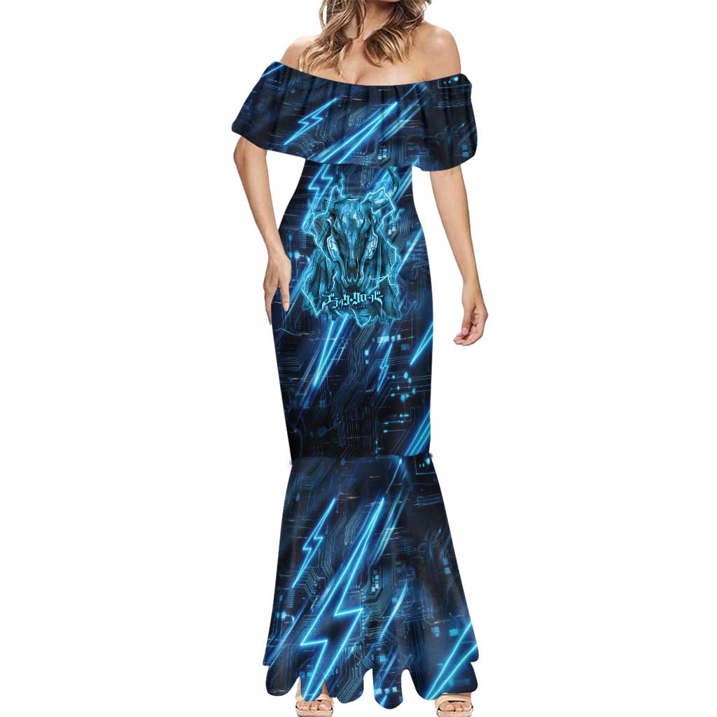 Luck Voltia Black Clover Mermaid Dress Tech Lightning Anime Style with Electric Circuit Background