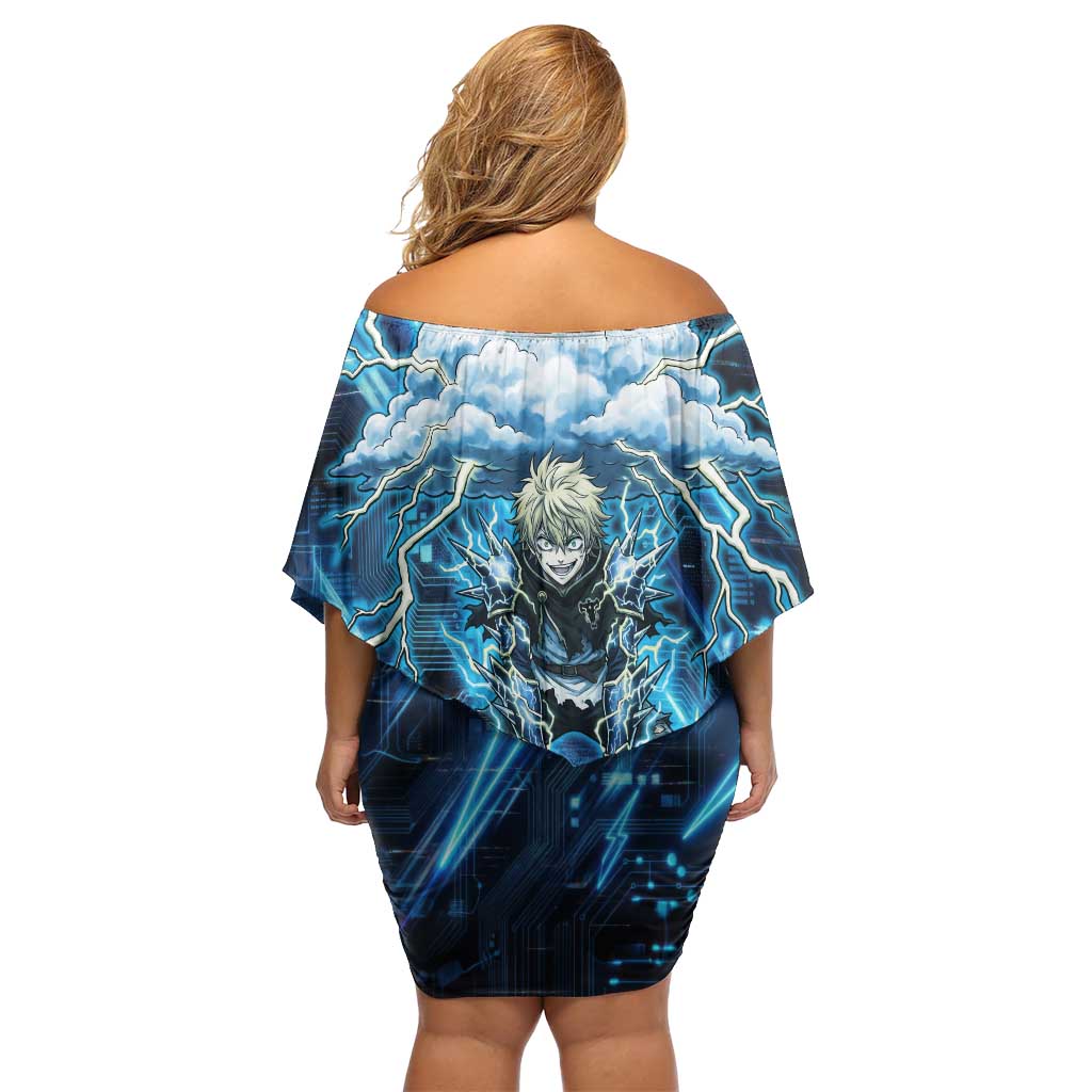 Luck Voltia Black Clover Off Shoulder Short Dress Tech Lightning Anime Style with Electric Circuit Background