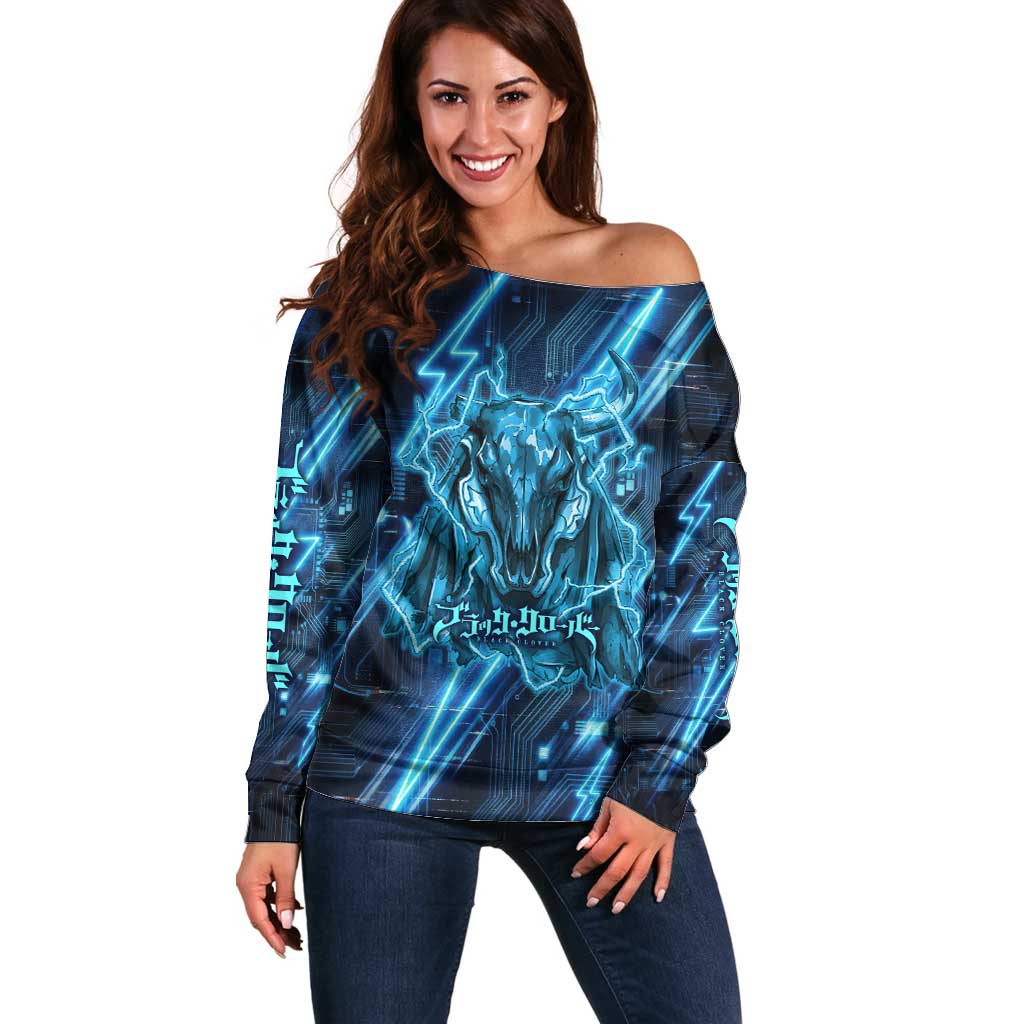 Luck Voltia Black Clover Off Shoulder Sweater Tech Lightning Anime Style with Electric Circuit Background