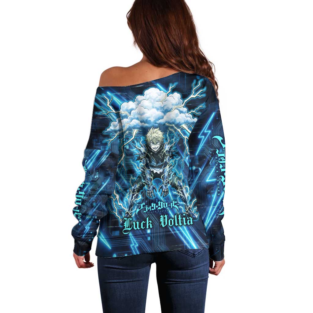 Luck Voltia Black Clover Off Shoulder Sweater Tech Lightning Anime Style with Electric Circuit Background