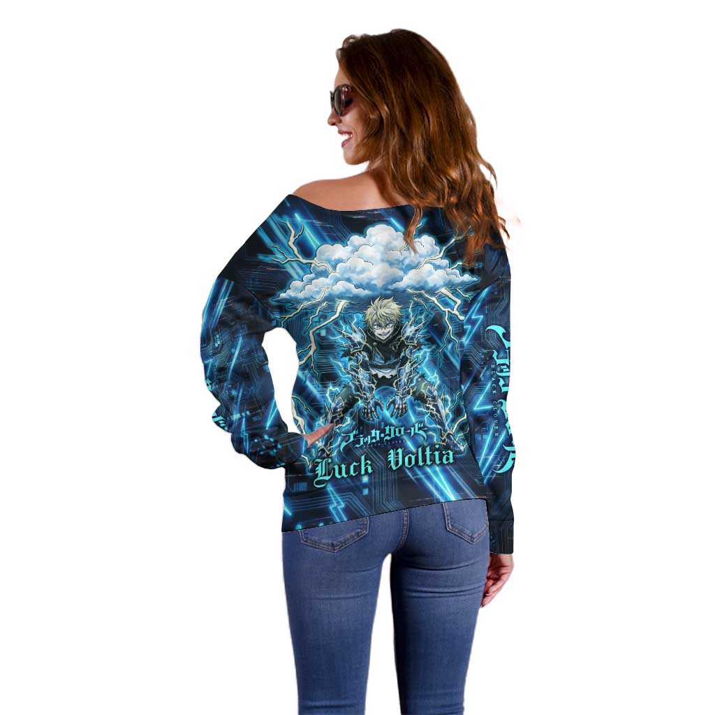 Luck Voltia Black Clover Off Shoulder Sweater Tech Lightning Anime Style with Electric Circuit Background