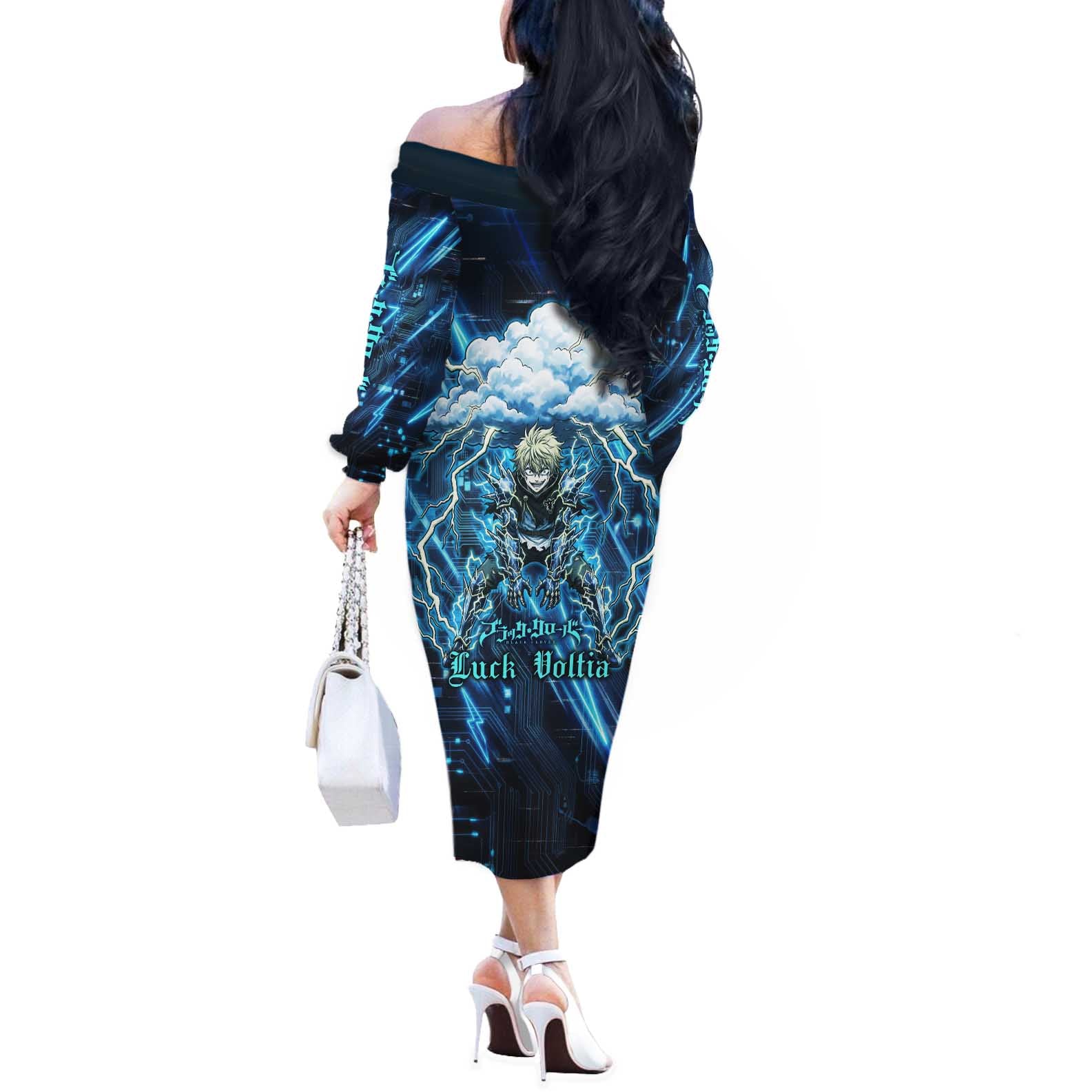 Luck Voltia Black Clover Off The Shoulder Long Sleeve Dress Tech Lightning Anime Style with Electric Circuit Background
