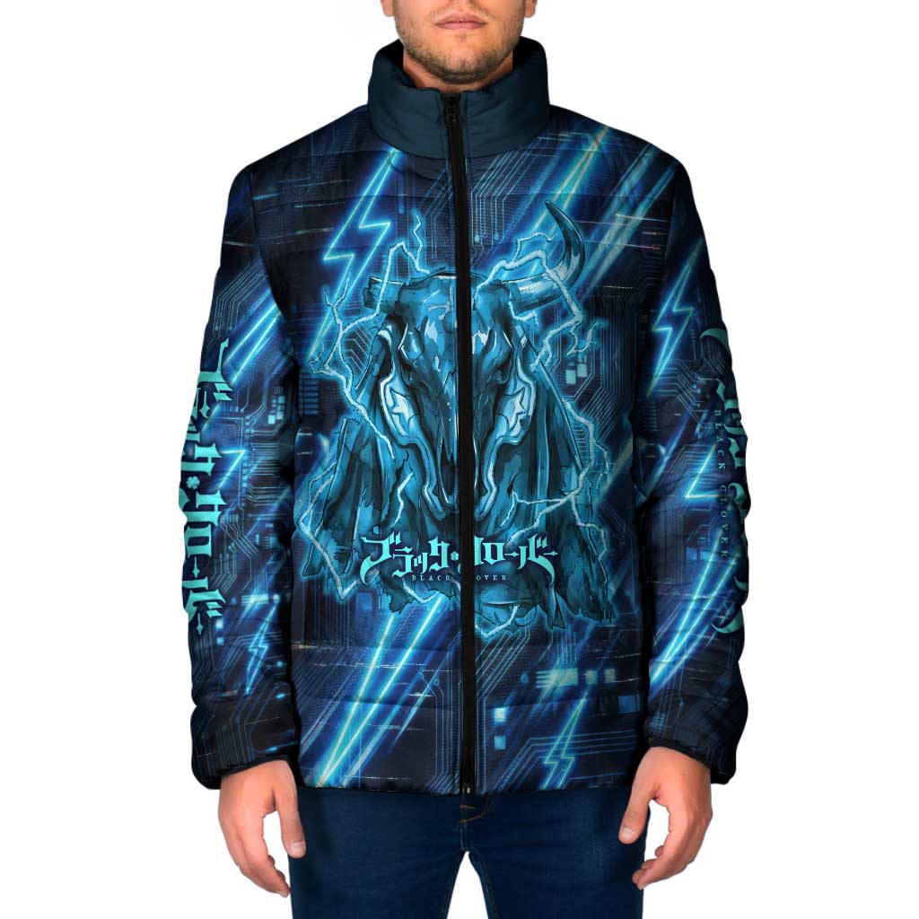 Luck Voltia Black Clover Padded Jacket Tech Lightning Anime Style with Electric Circuit Background
