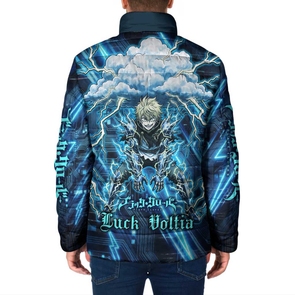 Luck Voltia Black Clover Padded Jacket Tech Lightning Anime Style with Electric Circuit Background
