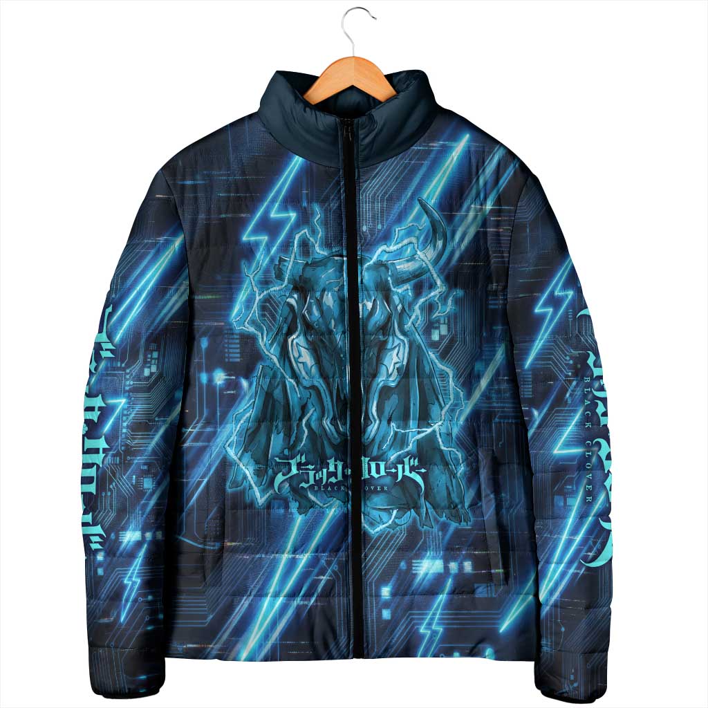 Luck Voltia Black Clover Padded Jacket Tech Lightning Anime Style with Electric Circuit Background