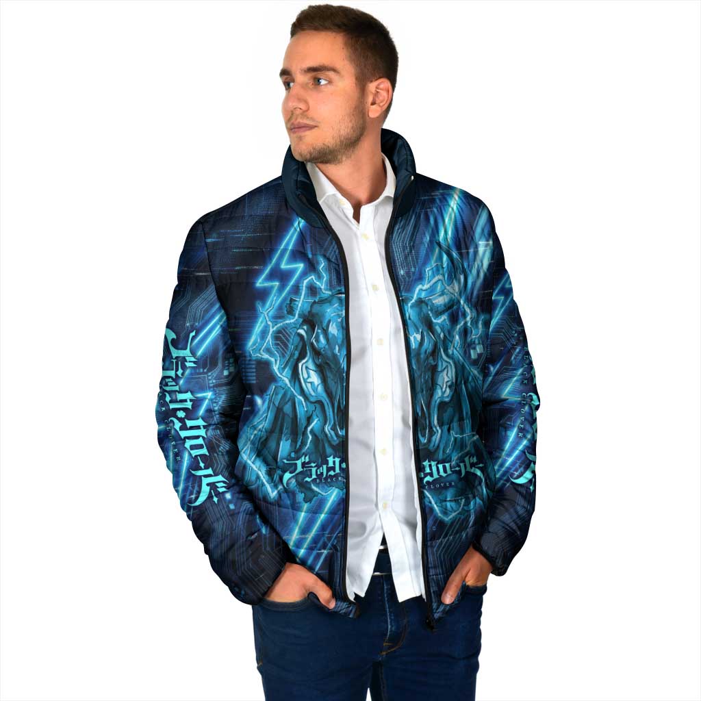 Luck Voltia Black Clover Padded Jacket Tech Lightning Anime Style with Electric Circuit Background