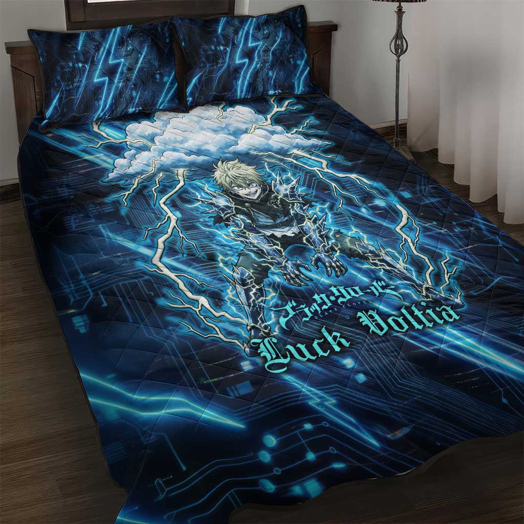 Luck Voltia Black Clover Quilt Bed Set Tech Lightning Anime Style with Electric Circuit Background