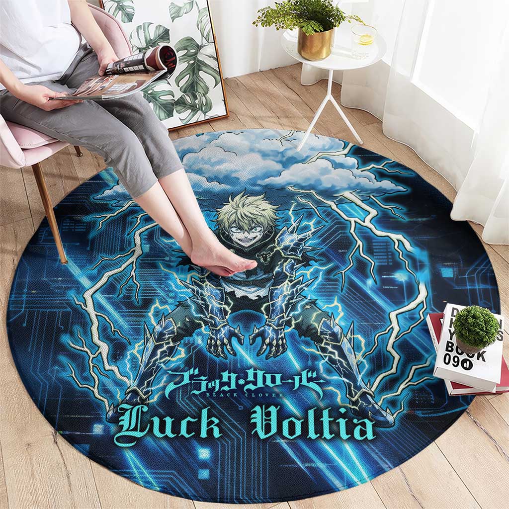Luck Voltia Black Clover Round Carpet Tech Lightning Anime Style with Electric Circuit Background