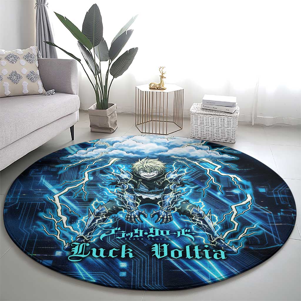 Luck Voltia Black Clover Round Carpet Tech Lightning Anime Style with Electric Circuit Background