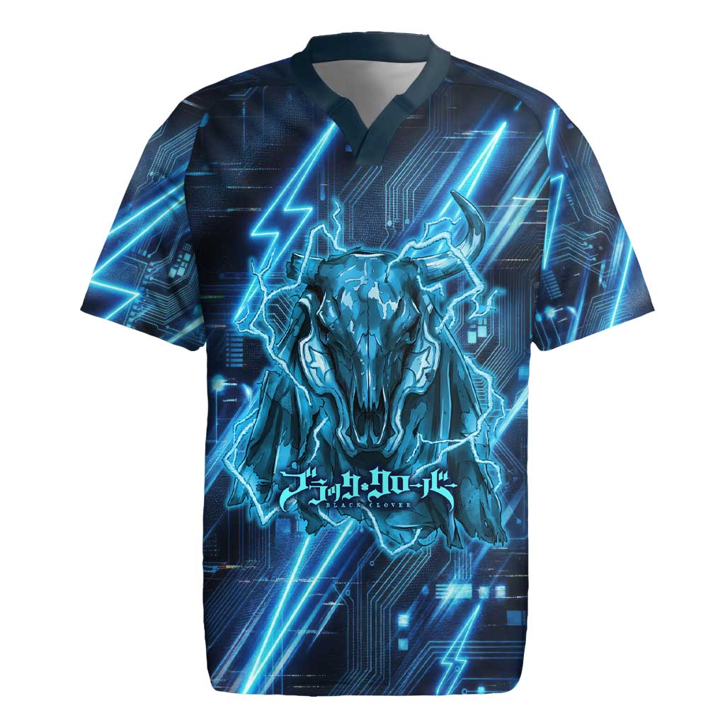 Luck Voltia Black Clover Rugby Jersey Tech Lightning Anime Style with Electric Circuit Background