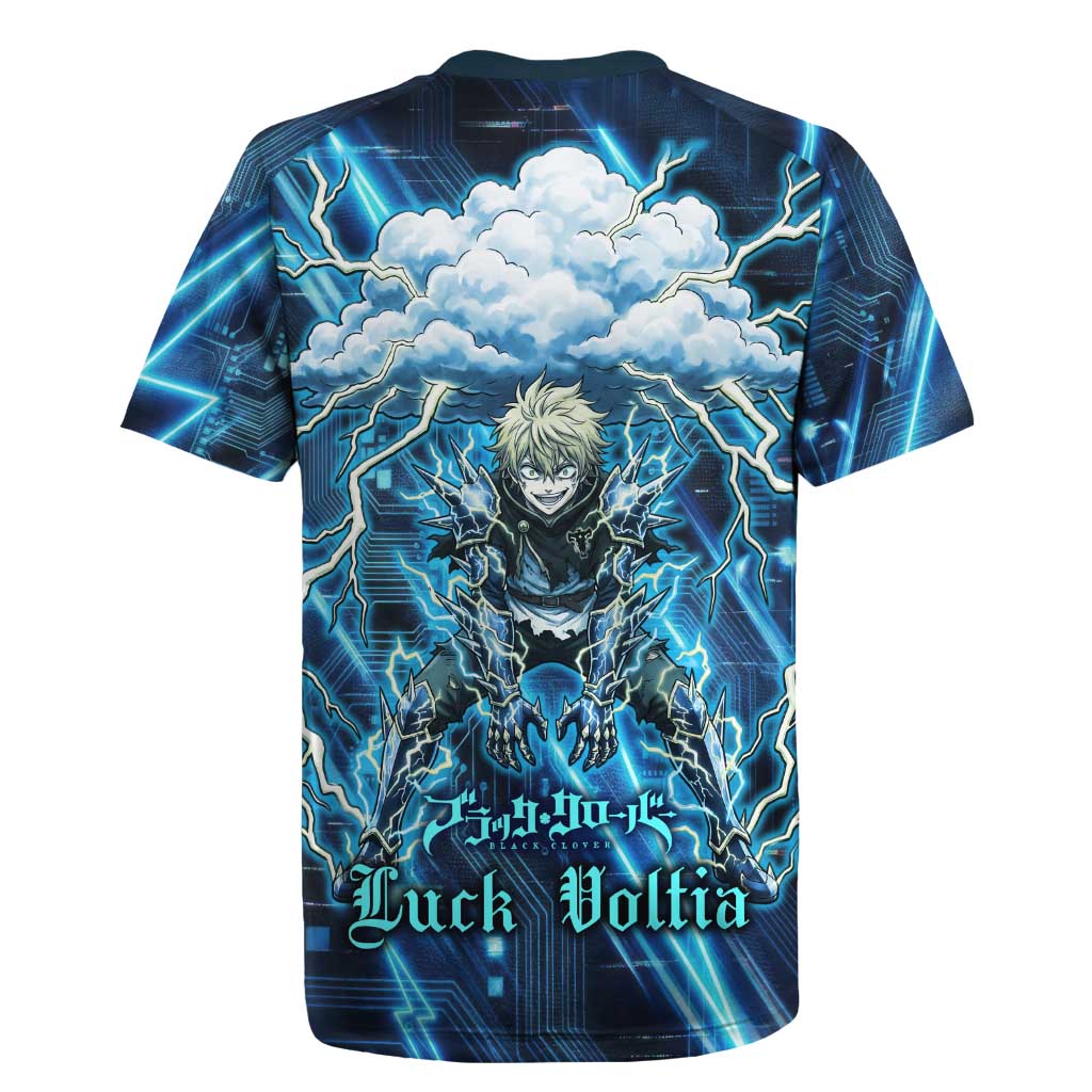 Luck Voltia Black Clover Rugby Jersey Tech Lightning Anime Style with Electric Circuit Background