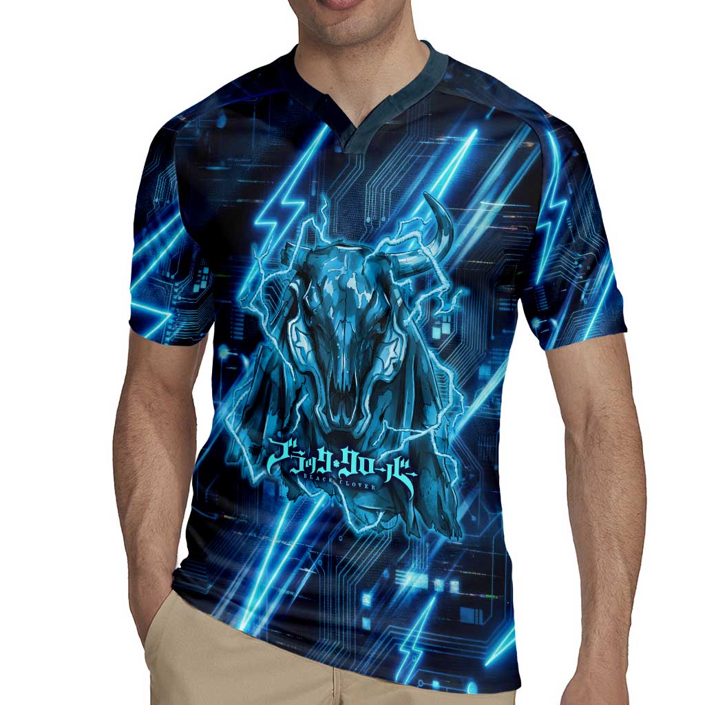 Luck Voltia Black Clover Rugby Jersey Tech Lightning Anime Style with Electric Circuit Background