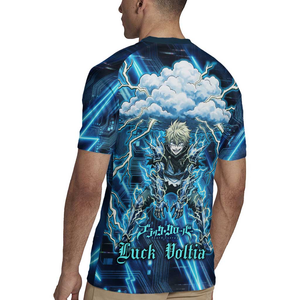 Luck Voltia Black Clover Rugby Jersey Tech Lightning Anime Style with Electric Circuit Background