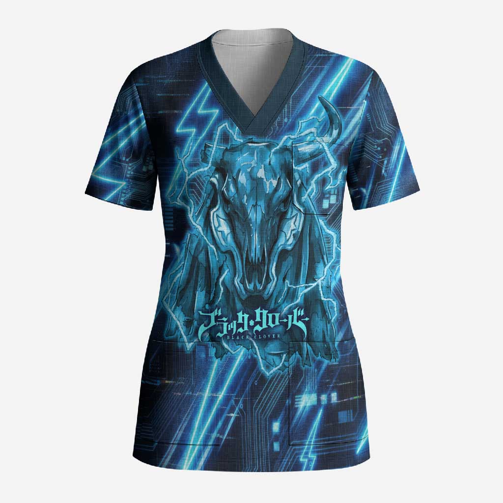 Luck Voltia Black Clover Scrub Top Tech Lightning Anime Style with Electric Circuit Background