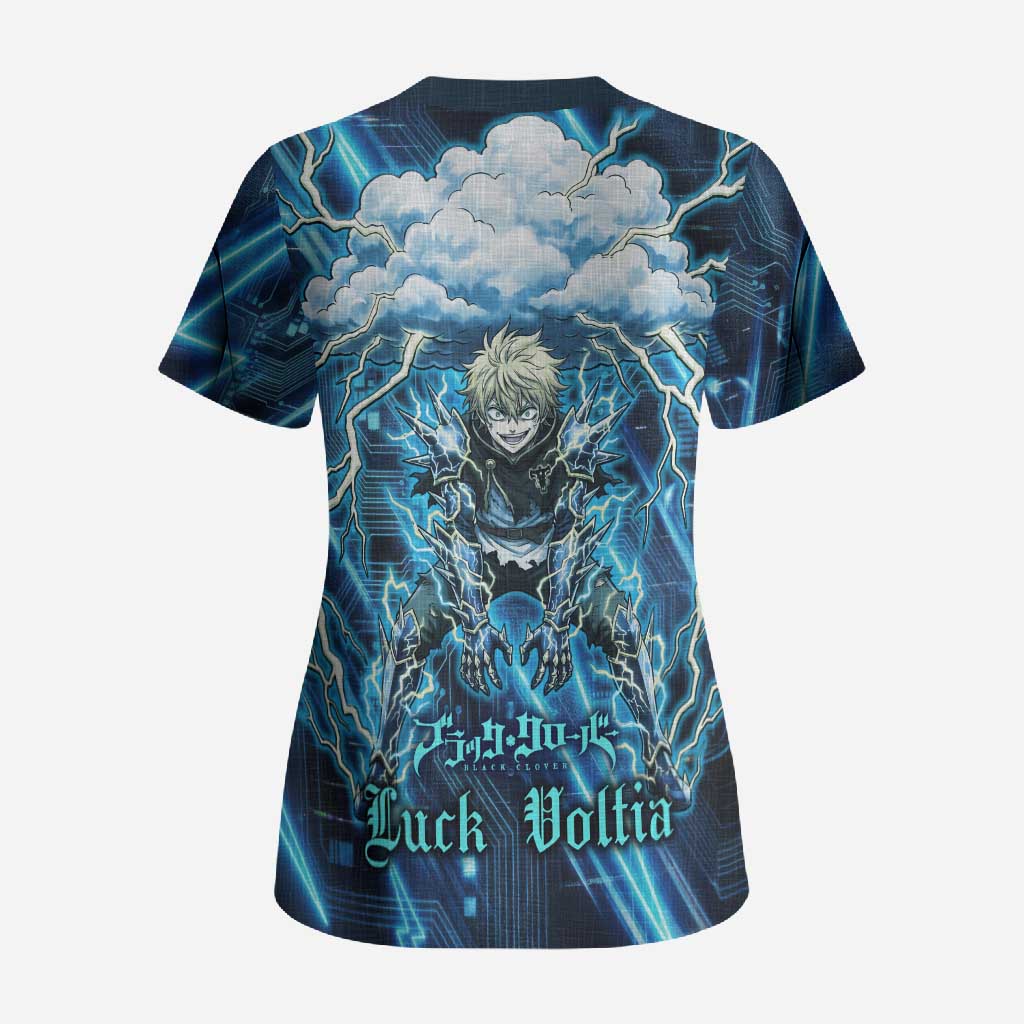 Luck Voltia Black Clover Scrub Top Tech Lightning Anime Style with Electric Circuit Background