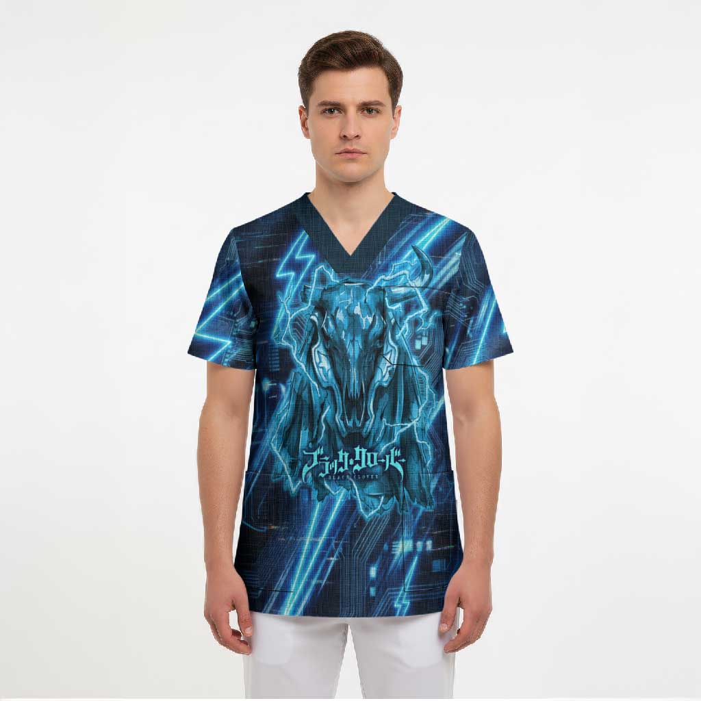 Luck Voltia Black Clover Scrub Top Tech Lightning Anime Style with Electric Circuit Background
