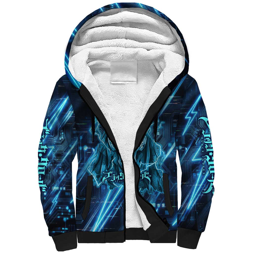 Luck Voltia Black Clover Sherpa Hoodie Tech Lightning Anime Style with Electric Circuit Background
