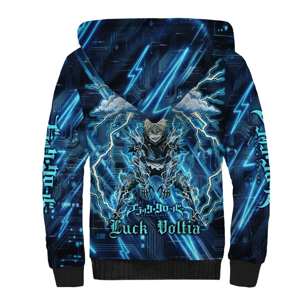 Luck Voltia Black Clover Sherpa Hoodie Tech Lightning Anime Style with Electric Circuit Background