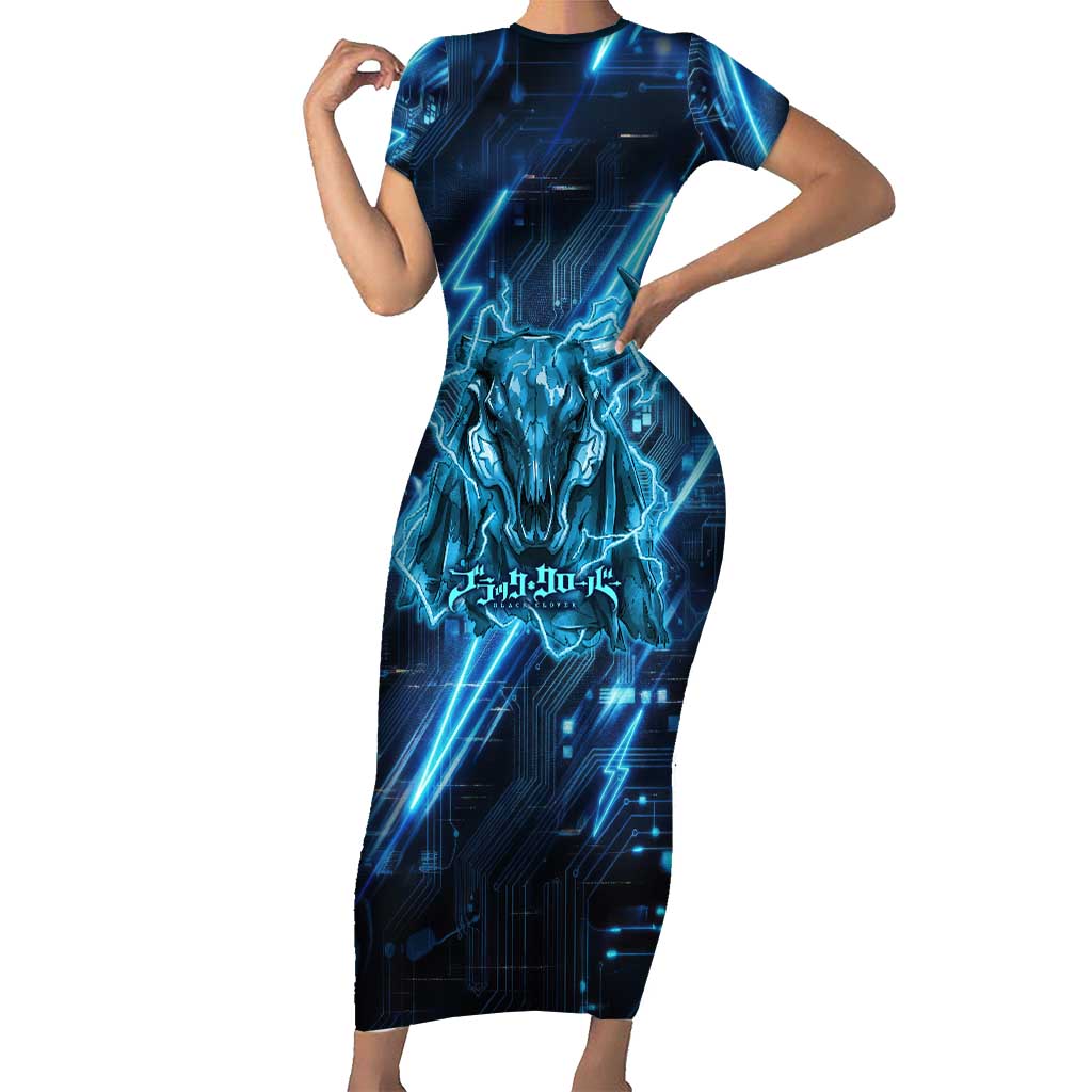 Luck Voltia Black Clover Short Sleeve Bodycon Dress Tech Lightning Anime Style with Electric Circuit Background