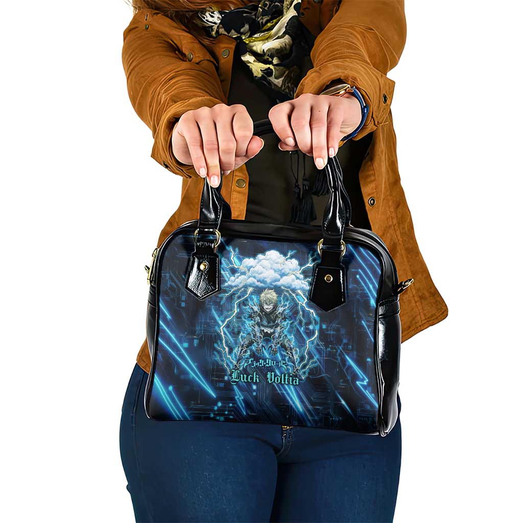 Luck Voltia Black Clover Shoulder Handbag Tech Lightning Anime Style with Electric Circuit Background