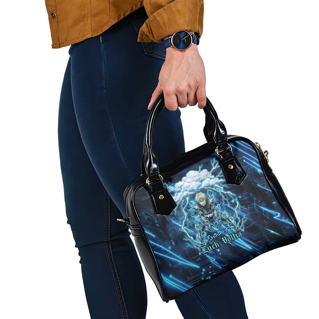 Luck Voltia Black Clover Shoulder Handbag Tech Lightning Anime Style with Electric Circuit Background