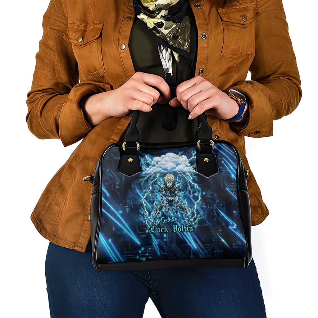 Luck Voltia Black Clover Shoulder Handbag Tech Lightning Anime Style with Electric Circuit Background