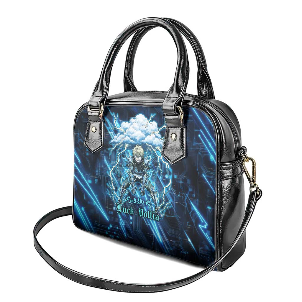 Luck Voltia Black Clover Shoulder Handbag Tech Lightning Anime Style with Electric Circuit Background
