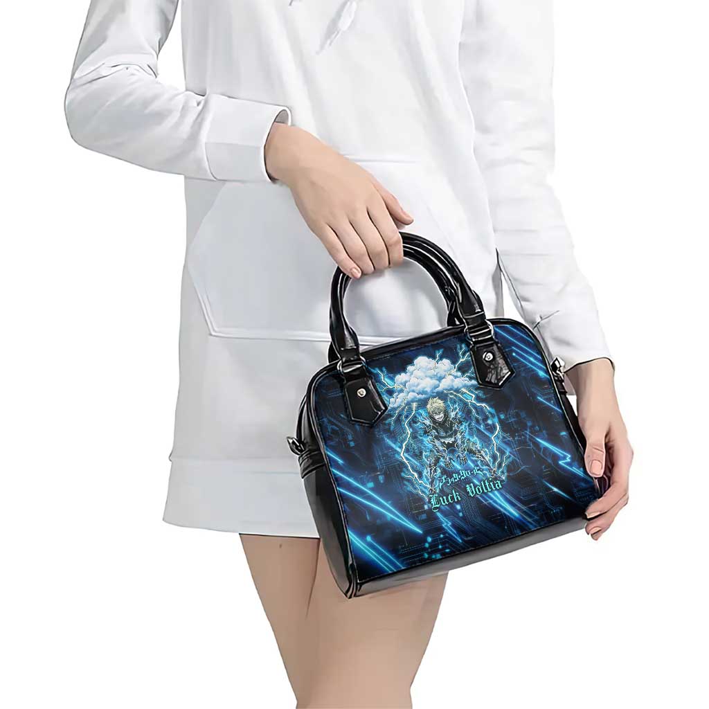 Luck Voltia Black Clover Shoulder Handbag Tech Lightning Anime Style with Electric Circuit Background