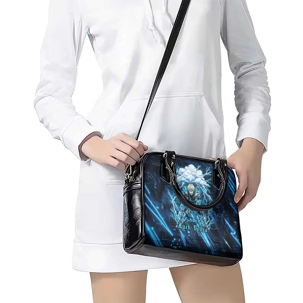 Luck Voltia Black Clover Shoulder Handbag Tech Lightning Anime Style with Electric Circuit Background