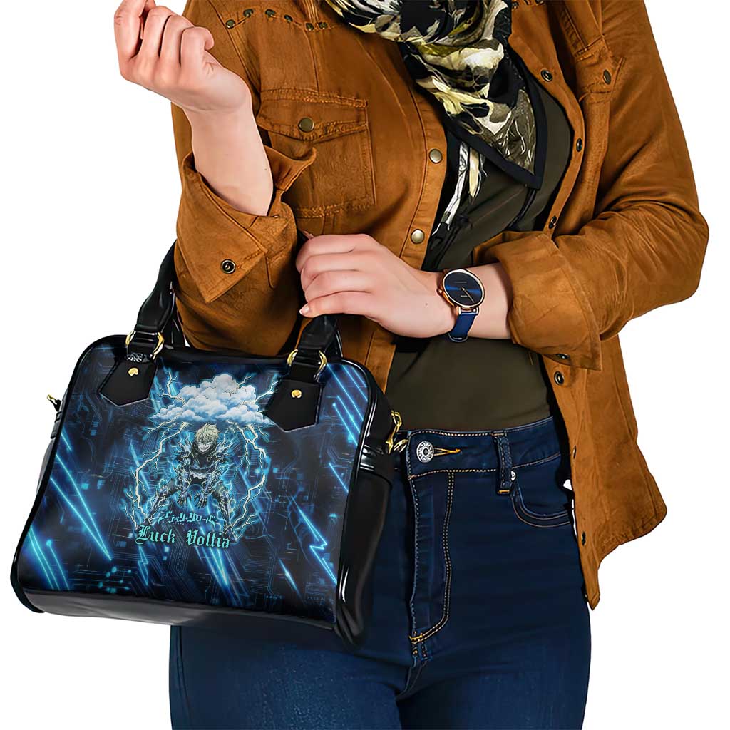 Luck Voltia Black Clover Shoulder Handbag Tech Lightning Anime Style with Electric Circuit Background
