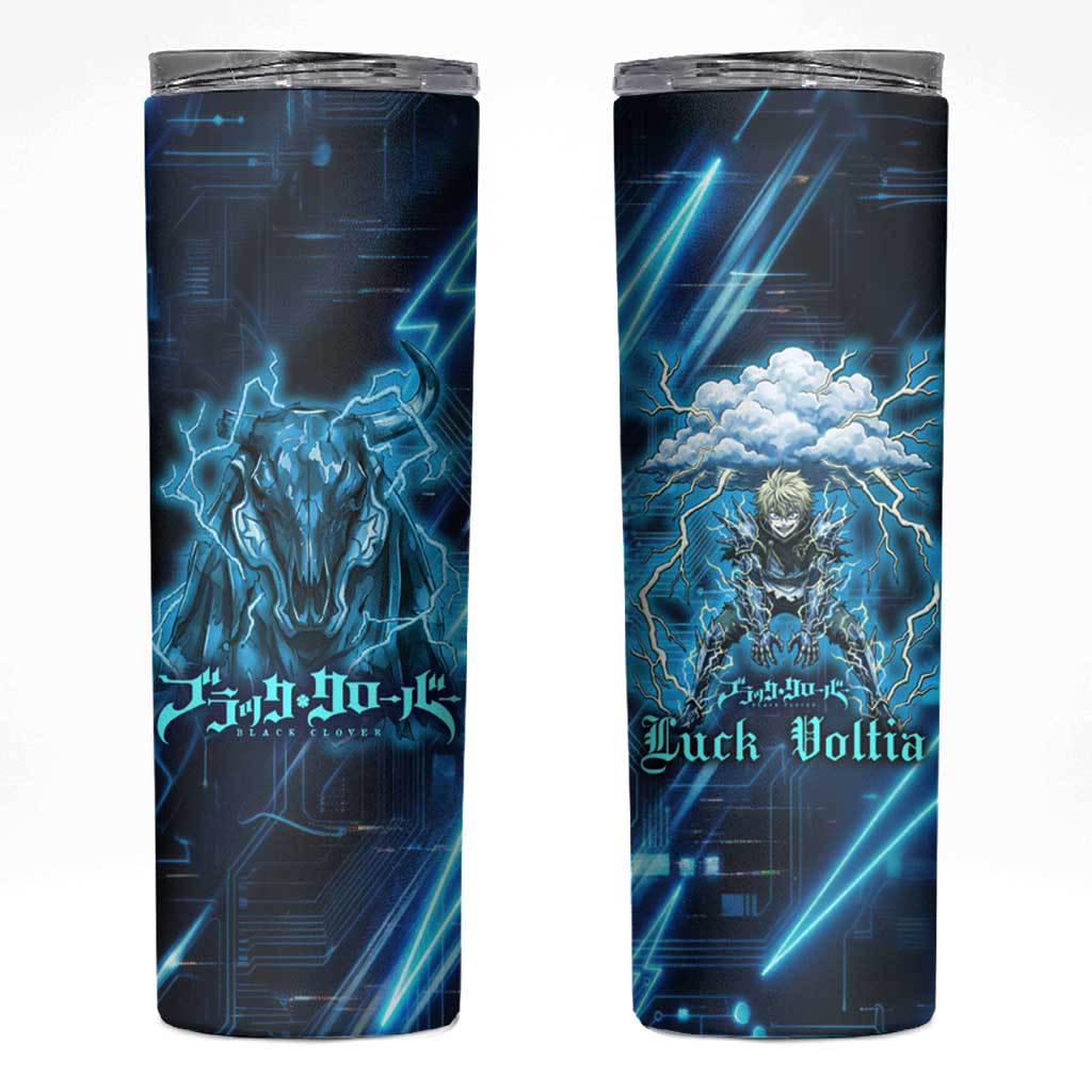 Luck Voltia Black Clover Skinny Tumbler Tech Lightning Anime Style with Electric Circuit Background