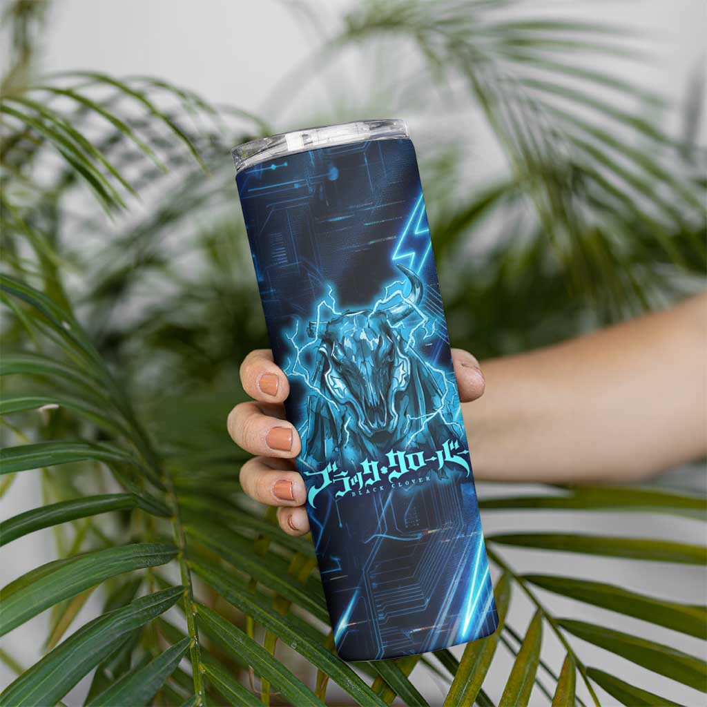 Luck Voltia Black Clover Skinny Tumbler Tech Lightning Anime Style with Electric Circuit Background