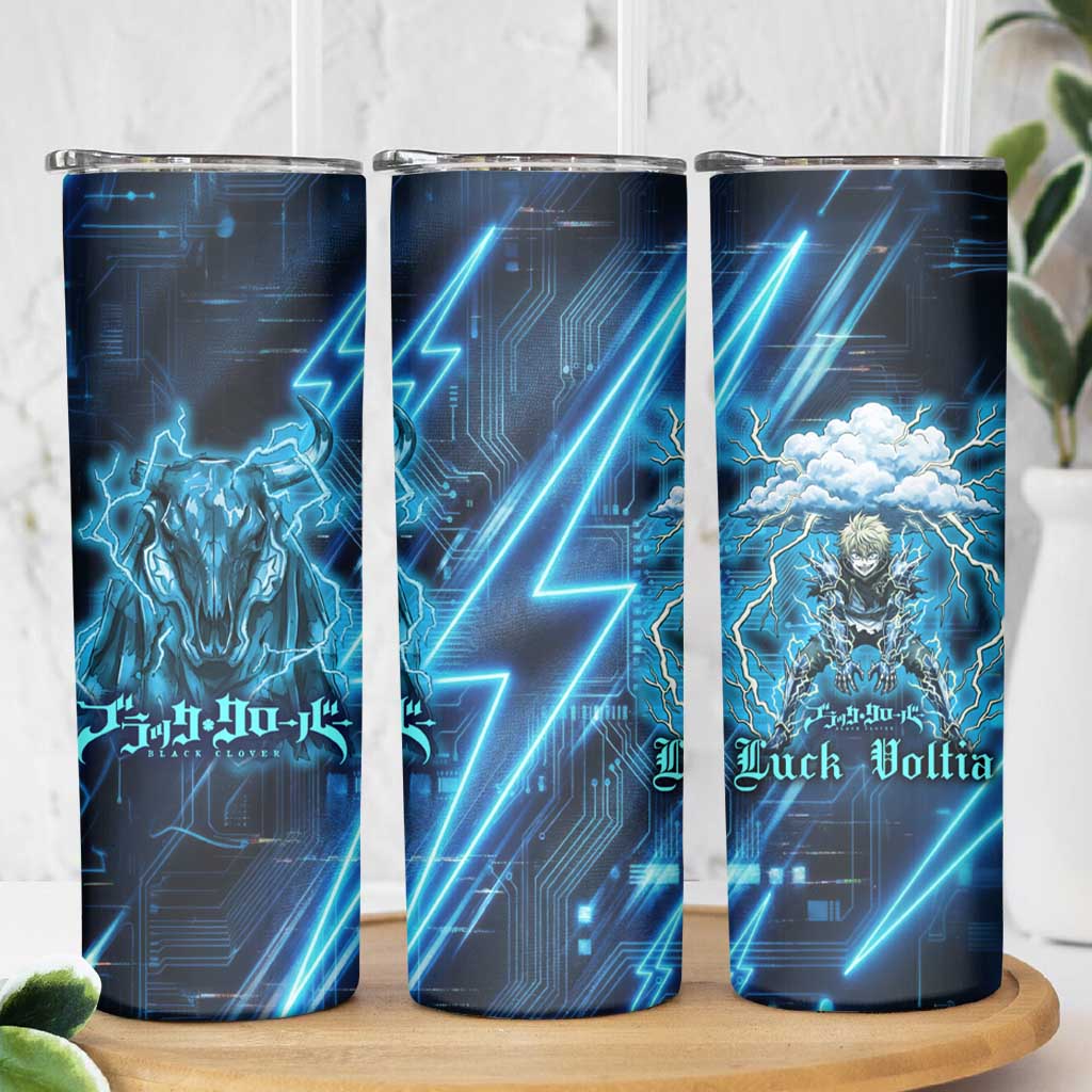 Luck Voltia Black Clover Skinny Tumbler Tech Lightning Anime Style with Electric Circuit Background