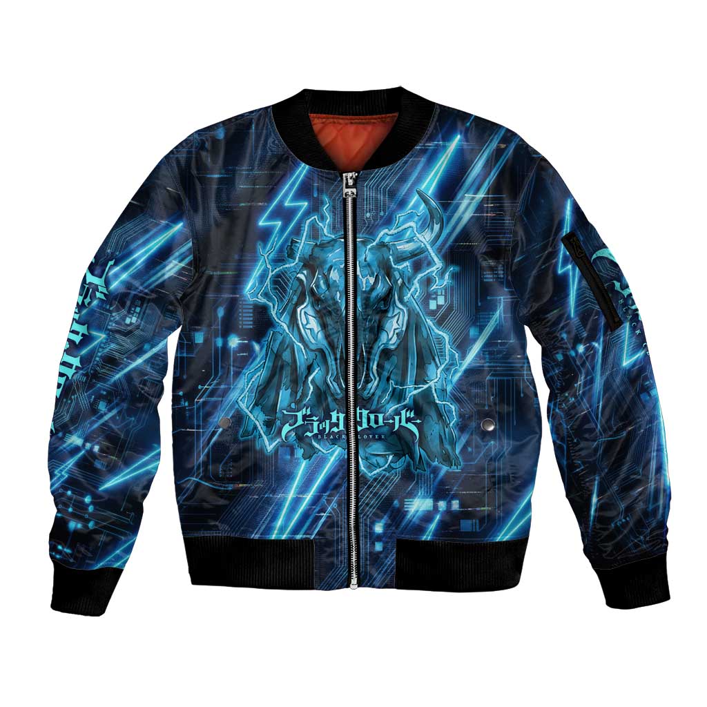 Luck Voltia Black Clover Sleeve Zip Bomber Jacket Tech Lightning Anime Style with Electric Circuit Background