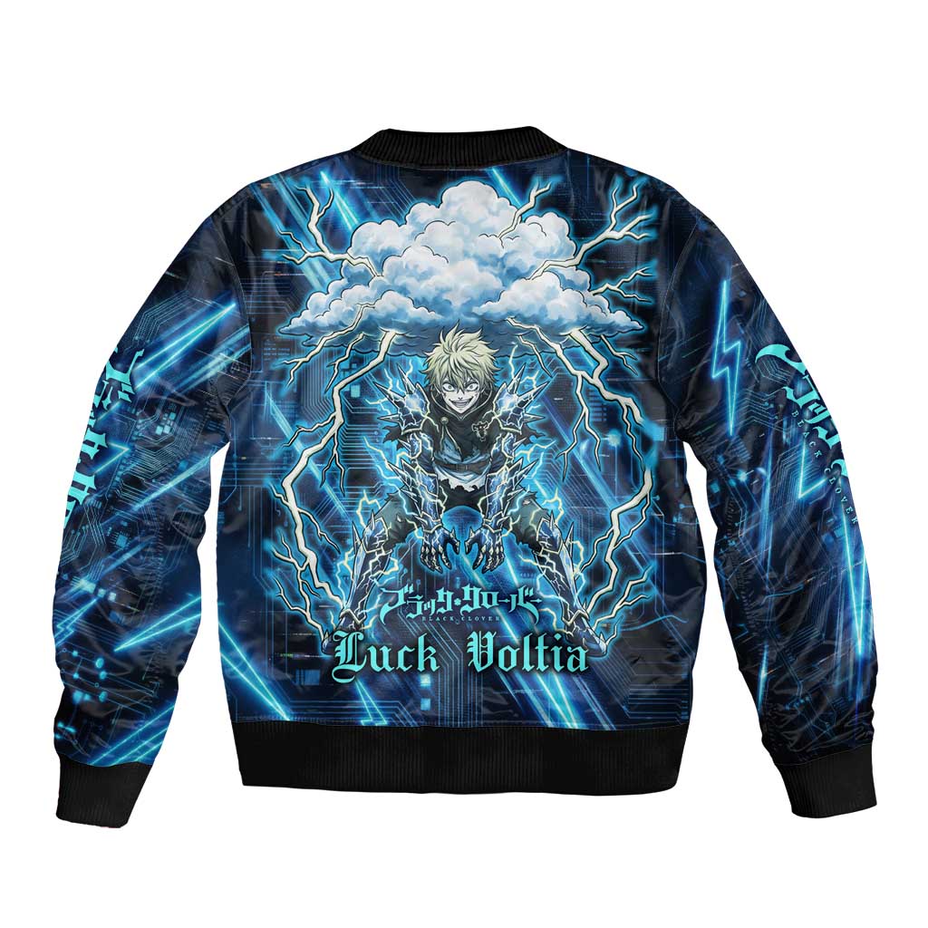 Luck Voltia Black Clover Sleeve Zip Bomber Jacket Tech Lightning Anime Style with Electric Circuit Background