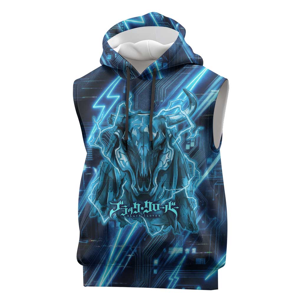 Luck Voltia Black Clover Sleeveless Hoodie Tech Lightning Anime Style with Electric Circuit Background