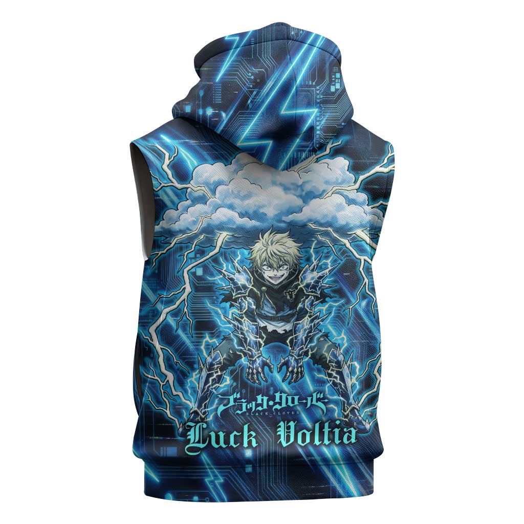 Luck Voltia Black Clover Sleeveless Hoodie Tech Lightning Anime Style with Electric Circuit Background