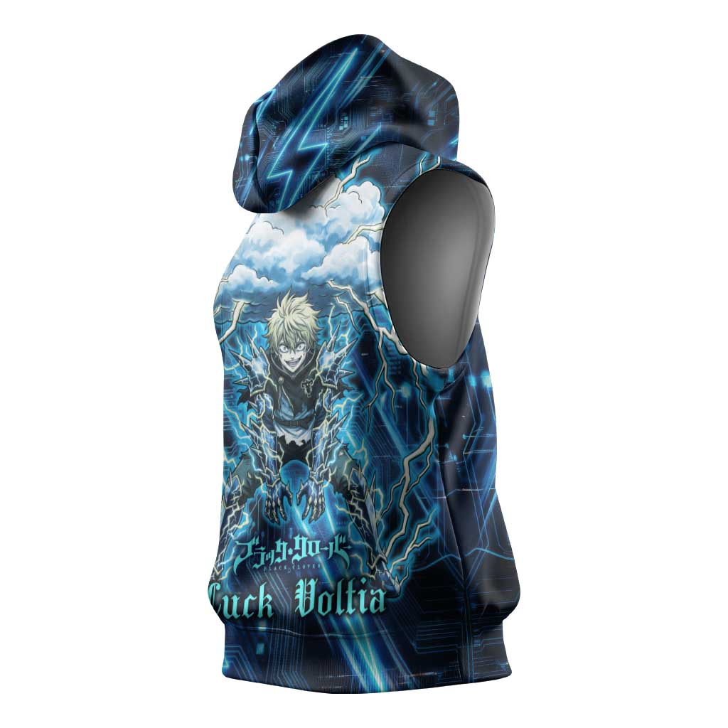 Luck Voltia Black Clover Sleeveless Hoodie Tech Lightning Anime Style with Electric Circuit Background